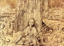 Jan van Eyck "Św. Barbara" rysunek i grisaille na desce, 1437 Królewskie Muzeum Sztuk Pięknych Antwerpia