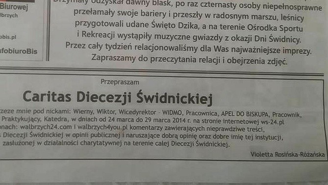 Hejterka przeprosiła Caritas