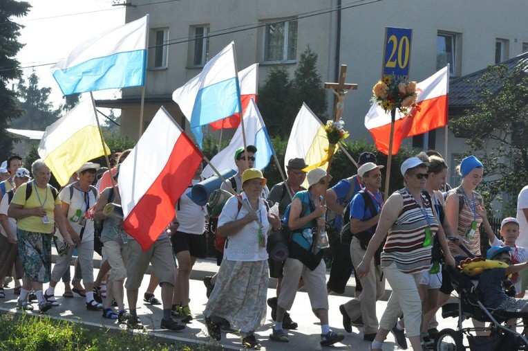 Na czele każdej grupy są niesione flagi narodowe, papieskie i maryjne