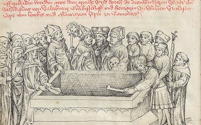 ▲	Obrzędy ekshumacji i elewacji relikwii św. Jadwigi w Trzebnicy. Rycina pochodzi z „Kodeksu hornigowskiego” z 1451 r.
