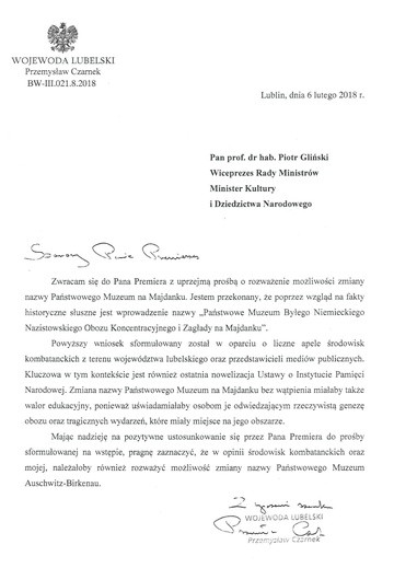 Pismo wojewody lubelskiego ws. zmiany nazw muzeów na Majdanku i Auschwitz-Birkenau