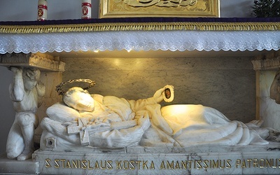 ▲	 Ołtarz z rzeźbą nagrobną św. Stanisława Kostki w kościele pw. Ducha Świętego w Nowym Sączu. 