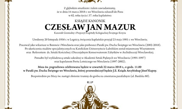 W czwartek pożegnamy śp. ks. Czesława Mazura