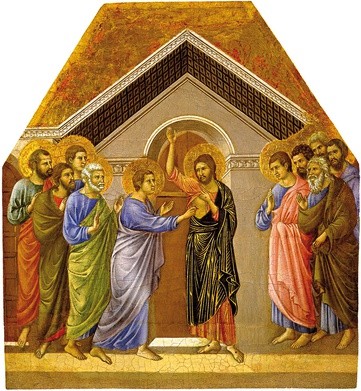 Duccio di Buoninsegna
Niedowiarstwo  św. Tomasza 
tempera na desce, 1308–1311
Muzeum Katedralne, Siena