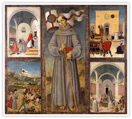 Giovanni di Bartolomeo d’Aquila "Sceny z życia św. Jana Kapistrana", tempera na desce 1480–1485 Muzeum Narodowe d’Abruzzo  L’Aquila