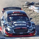 Załoga Kajetan Kajetanowicz i Maciej Szczepaniak w samochodzie Ford Fiesta WRC na trasie odcinka specjalnego Autodrom Bemowo, podczas 56. Rajdu Barbórka w Warszawie