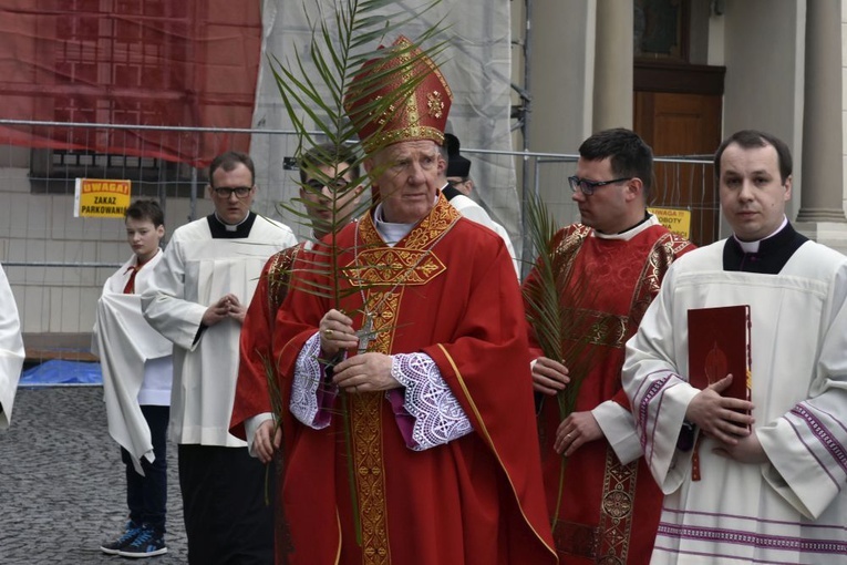 Biskup Ignacy w procesji z gałązką palmową.