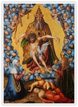 Lucas Cranach starszy "Trójca Święta", olej na desce, ok. 1515 r. Muzeum Sztuk Pięknych Lipsk