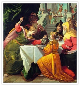 Giovanni Andrea Ansaldo "Salome przynosi Herodiadzie głowę św. Jana Chrzciciela", olej na płótnie, ok. 1630 r. Muzeum Strada Nuova, Genua