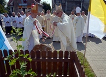 Kamień ustawiony przy dębie "Ludwik", który będzie żywą pamiątką obchodów, odsłonili biskupi Henryk Tomasik (z lewej) i Artur Miziński.