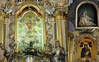 Cudowne obrazy Matki Bożej Zwycięskiej (z lewej), tarnowskiej Piety (u góry z prawej), Matki Bożej Zawadzkiej (u dołu, z prawej).