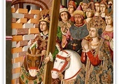 Miguel Ximénez "Wjazd cesarza Herakliusza i św. Heleny z prawdziwym krzyżem do Jerozolimy", olej na desce 1481–1487, Museo de Zaragoza Saragossa