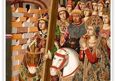 Miguel Ximénez "Wjazd cesarza Herakliusza i św. Heleny z prawdziwym krzyżem do Jerozolimy", olej na desce 1481–1487, Museo de Zaragoza Saragossa