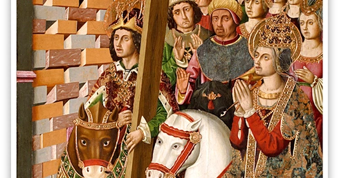 Miguel Ximénez "Wjazd cesarza Herakliusza i św. Heleny z prawdziwym krzyżem do Jerozolimy", olej na desce 1481–1487, Museo de Zaragoza Saragossa