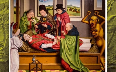 Derick Baegert "ŚMIERĆ ŚW. MARCINA Z TOURS", tempera na desce, ok. 1480 r. Westfalskie Muzeum Sztuki i Historii Kultury, Münster