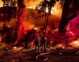 Strażacy walczący z gigantycznym pożarem, który na północny zachód od Los Angeles pochłonął ponad 7 tys. akrów  ziemi uprawnej.
1.11.2019 Ventura, Kalifornia