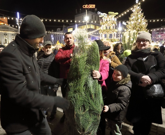 Radio eM rozdaje choinki na katowickim rynku.
