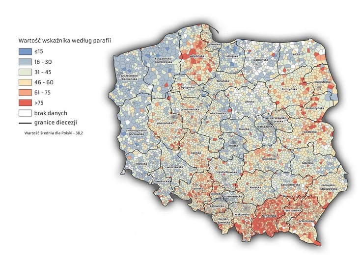 Mapa wskaźnika dominicantes i communicantes wg parafii