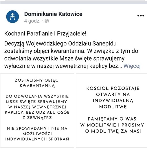 Katowice. Dominikanie objęci kwarantanną