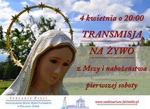 Plakat reklamujący transmisję Mszy św. z sanktuarium MB Fatimskiej.