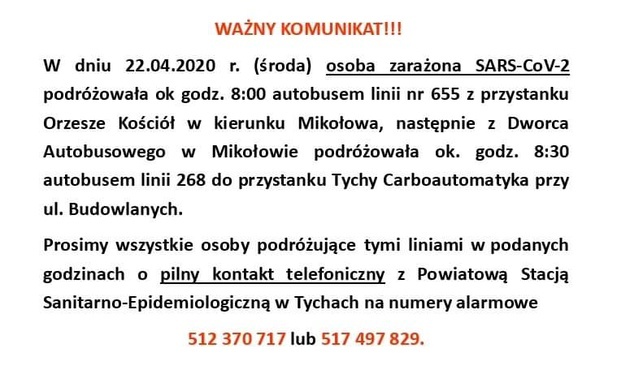 Sanepid w Tychach: autobusami w Orzeszu, Mikołowie i Tychach jechała osoba z koronawirusem. Chodzi o środę