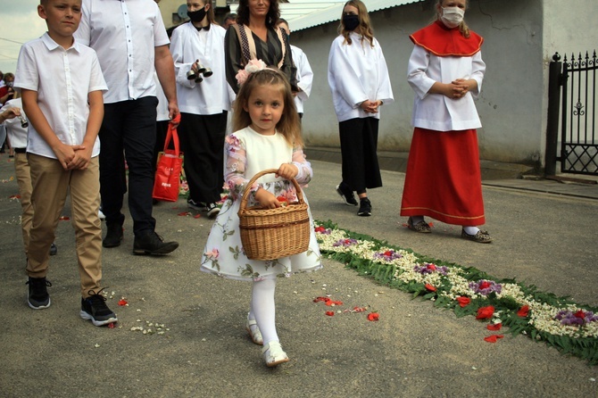 Procesja Bożego Ciała po kwietnych dywanach w Kluczu