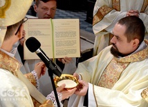 Ksiądz Dominik przyjmujący patenę z rąk bp. Adama Bałabucha.