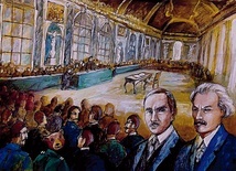 Miś Wojtek razem z Romanem Dmowskim i Ignacym Paderewskim na konferencji pokojowej w Wersalu.