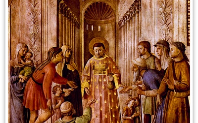 Guido di Pietro da Mugello, zwany Fra Angelico
Św. Wawrzyniec rozdaje majątek Kościoła ubogim
 fresk, 1447–1450
kaplica Niccolina, Watykan