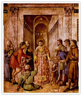 Guido di Pietro da Mugello, zwany Fra Angelico
Św. Wawrzyniec rozdaje majątek Kościoła ubogim
 fresk, 1447–1450
kaplica Niccolina, Watykan