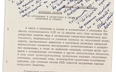 Pierwsza strona raportu gen. Stepana Muchy, wiceprzewodniczacego KGB Ukrainy, z 23.08.1980. Dokument znajduje się w archiwum SBU w Kijowie.