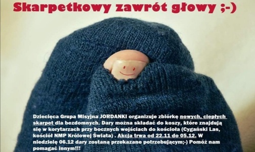 Grafika "Jordanek", zapraszająca do akcji zbierania skarpetek dla ubogich.
