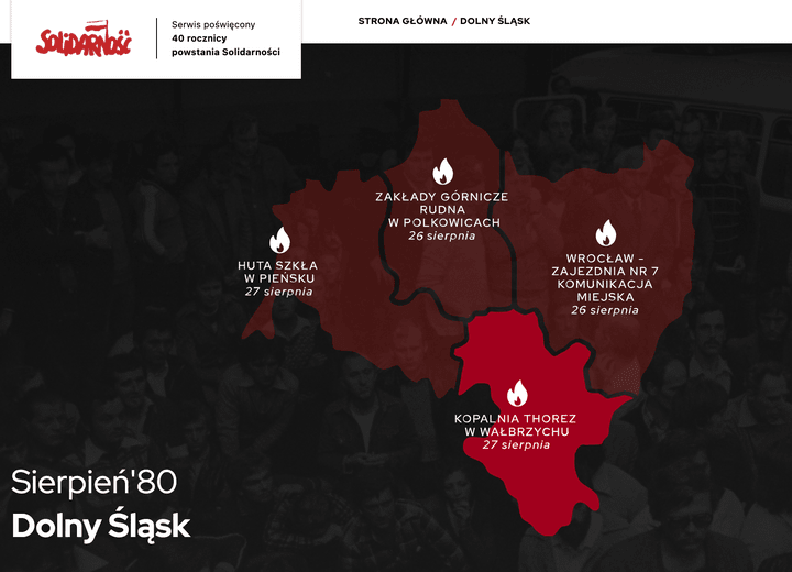 Mapa ukazująca główne strajki na Dolnym Śląsku.