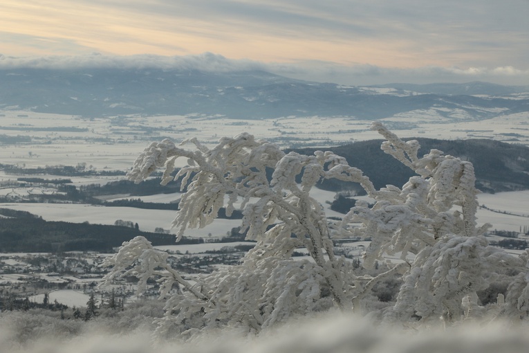 Tłum na szczycie zaśnieżonej Ślęży 