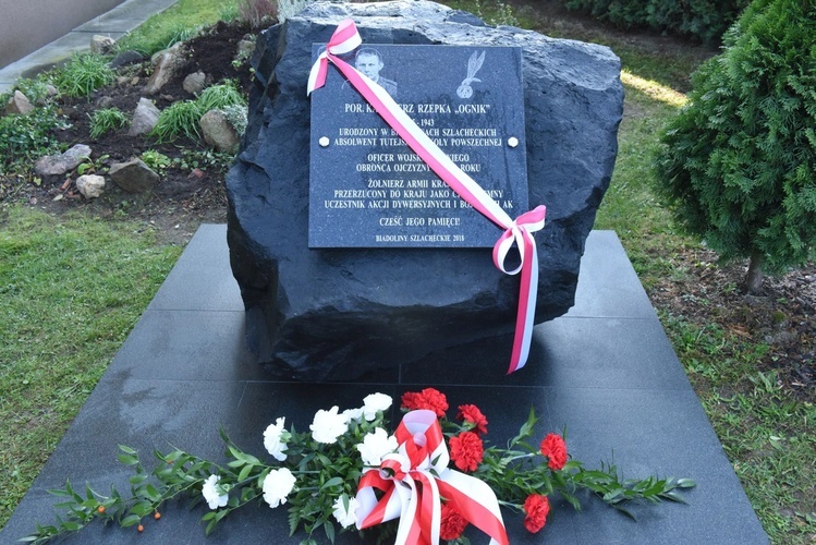 Obelisk przy szkole w Biadolinach Szlacheckich.