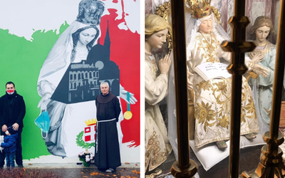 Po lewej mural, a po prawej - Madonna Motteńska, której hołd oddają mieszkańcy i rzesze pielgrzymów.