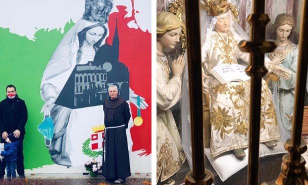 Po lewej mural, a po prawej - Madonna Motteńska, której hołd oddają mieszkańcy i rzesze pielgrzymów.
