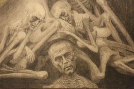 Obraz św. Maksymiliana z prezentowanej w Harmężach wystawy prac prof. Mariana Kołodzieja, byłego więźnia KL Auschwitz-Birkenau.