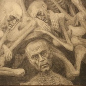 Obraz św. Maksymiliana z prezentowanej w Harmężach wystawy prac prof. Mariana Kołodzieja, byłego więźnia KL Auschwitz-Birkenau.