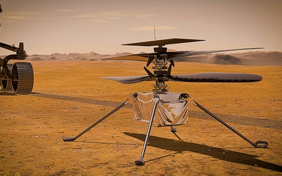 Wizualizacja przedstawiająca najnowszy eksperyment na powierzchni Marsa: łazik Perseverance i helikopter Ingenuity.