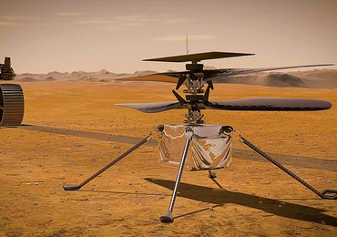 Wizualizacja przedstawiająca najnowszy eksperyment na powierzchni Marsa: łazik Perseverance i helikopter Ingenuity.