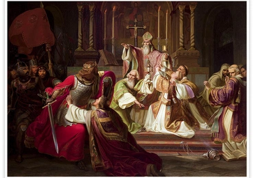 Juliusz Knoor Biskup Stanisław Szczepanowski rzucający klątwę na króla Bolesława Śmiałego olej na płótnie, ok. 1840Muzeum Narodowe, Kraków
