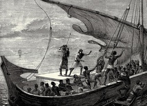 Grafika z 1874 roku przedstawiająca arabskich niewolników próbujących zbiec z brytyjskiego statku Royal Navy.