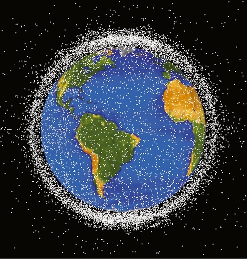 Wygenerowana komputerowo grafika obiektów krążących po orbicie Ziemi.