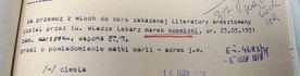 Szyfrogram przysłany do Warszawy  przez Konsulat Generalny PRL w Ostrawie. Konsul informuje w nim polskie władze o aresztowaniu Marka Kośmickiego w Czechosłowacji.