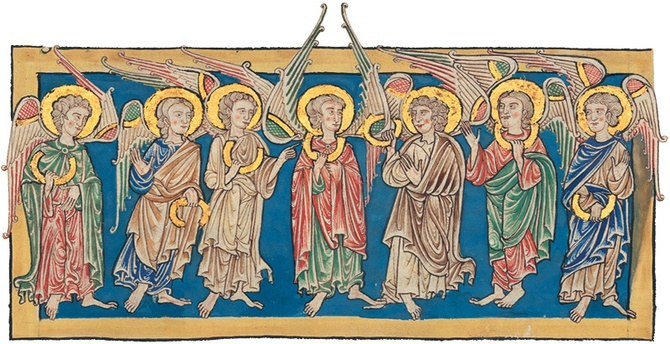 Aniołowie plag, miniatura, tzw. Beatus Manuscript, Hiszpania, ok. 1180 r., Metropolitan Museum of Art.