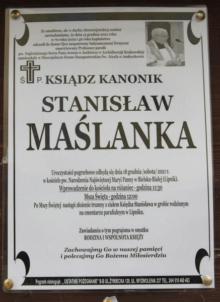 Uroczystości pogrzebowe śp. ks. kan. Stanisława Maślanki w Bielsku-Białej Lipniku