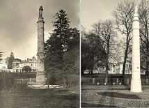 Po lewej zdjęcie kolumny maryjnej z lat 20. XX w. z posągiem Maryi z Dzieciątkiem Jezus. Po prawej – monument obecnie.