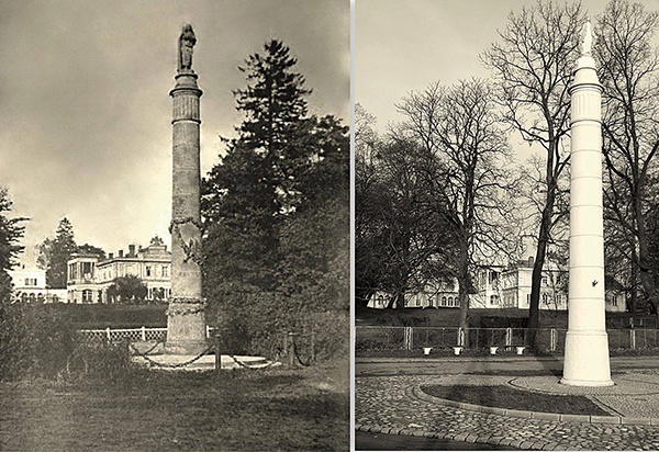 Po lewej zdjęcie kolumny maryjnej z lat 20. XX w. z posągiem Maryi z Dzieciątkiem Jezus. Po prawej – monument obecnie.