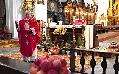 ▲	– Atrybutami świętej stały się owoce i kwiaty w koszu, a także miecz – wyjaśniał podczas odpustowych uroczystości ks. Andrzej Brodawka.